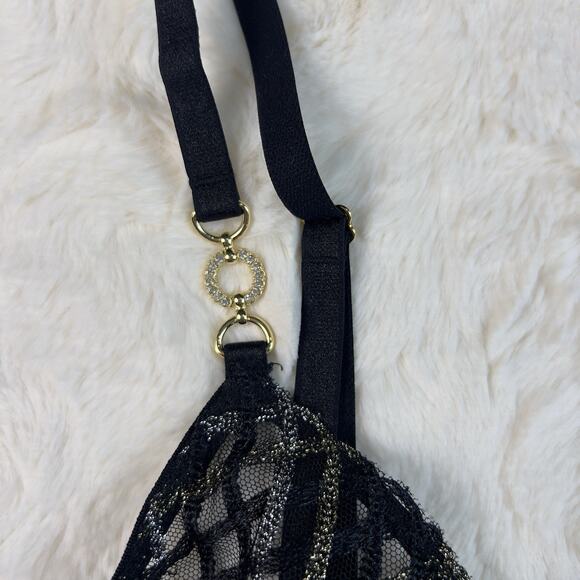 Victoria's Secret Dark Black Mesh Lace Shimmery Demi Bra 32B Gold Detail NWT - Picture 5 of 7